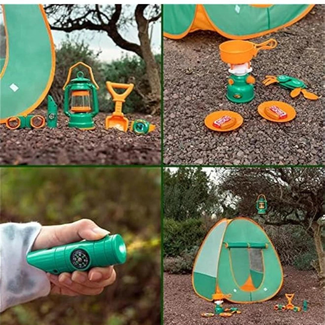 Kids Pop Up Camping Tent with 17PCS Outdoor Adventure Gear – Pretend Play Set for Ages 3+
