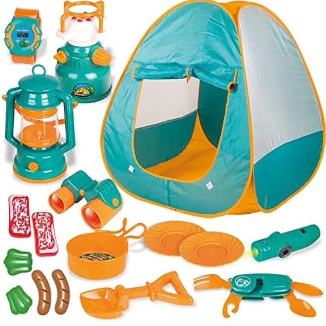 Kids Pop Up Camping Tent with 17PCS Outdoor Adventure Gear – Pretend Play Set for Ages 3+