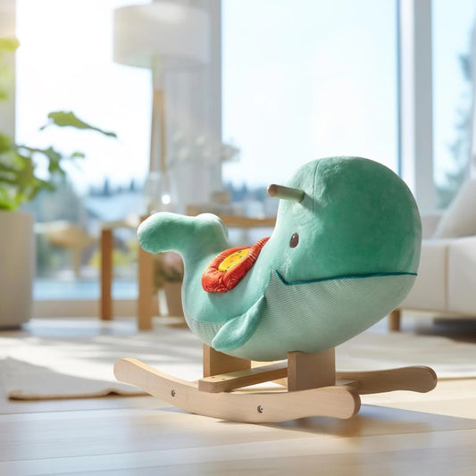 Rocking Wooden Whale Plush Ride-On – Soft Rocker Toy for Toddlers