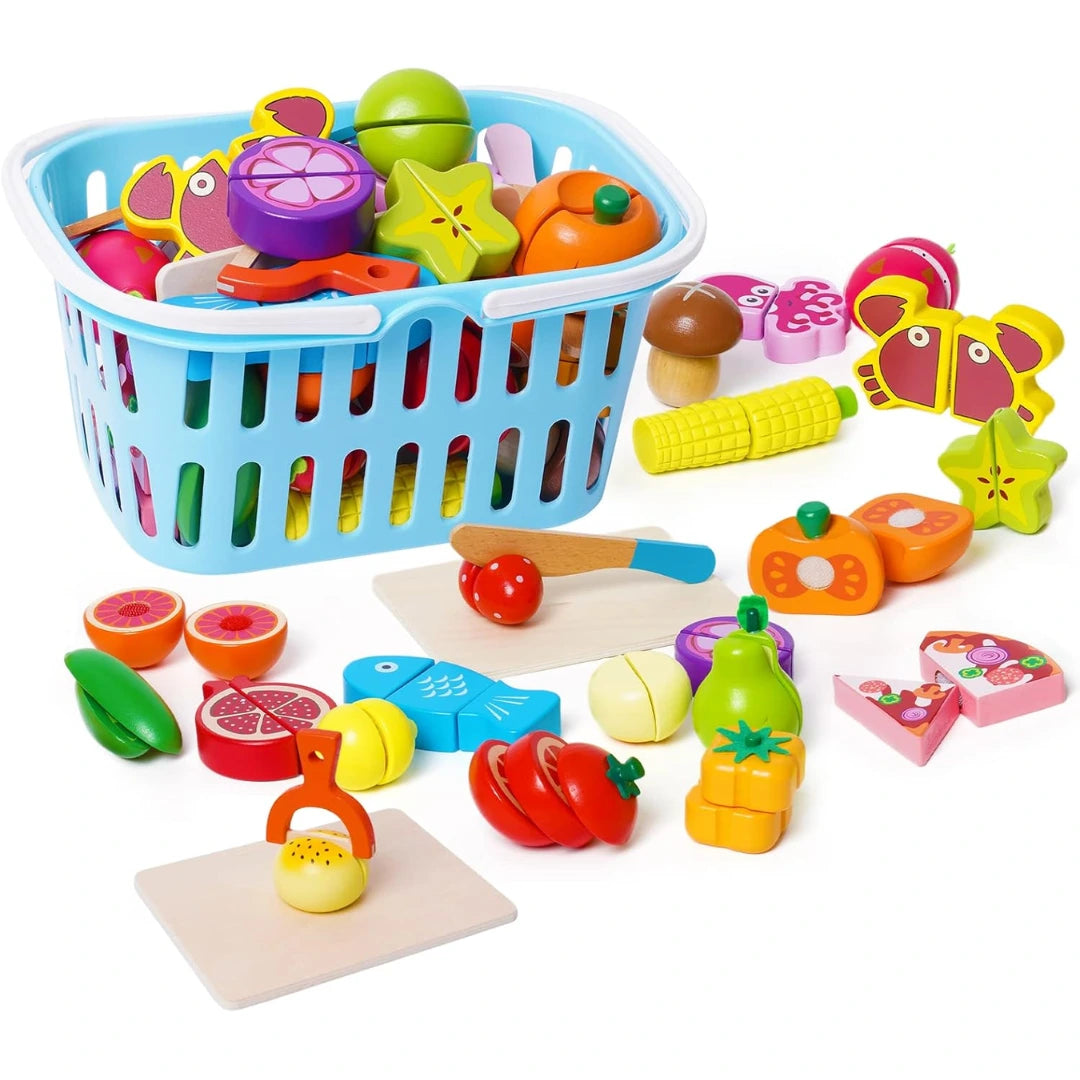 Educational Wooden Food Cutting Playset – Pretend Fruits & Veggies Toy for Kids (Ages 3–7)
