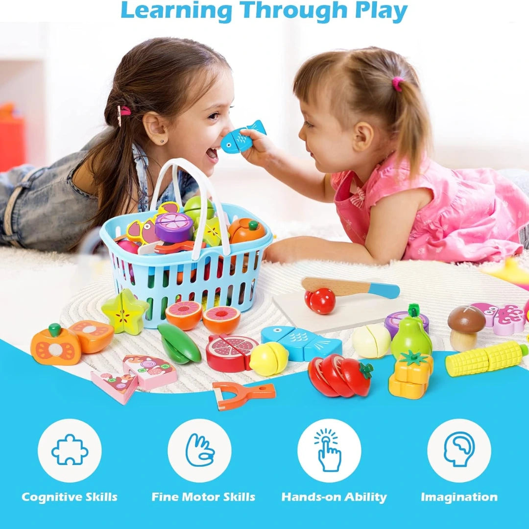 Educational Wooden Food Cutting Playset – Pretend Fruits & Veggies Toy for Kids (Ages 3–7)