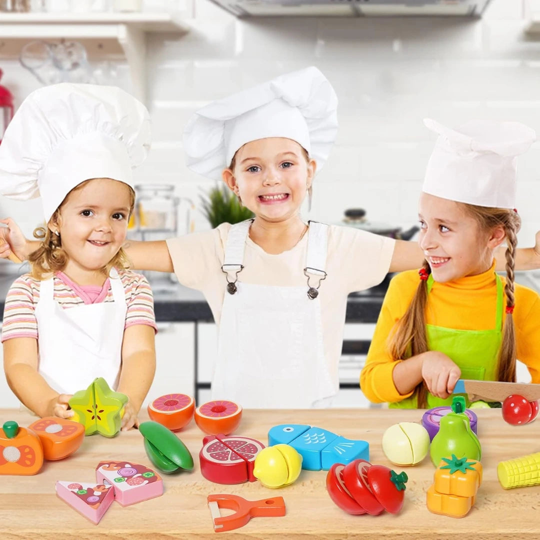 Educational Wooden Food Cutting Playset – Pretend Fruits & Veggies Toy for Kids (Ages 3–7)