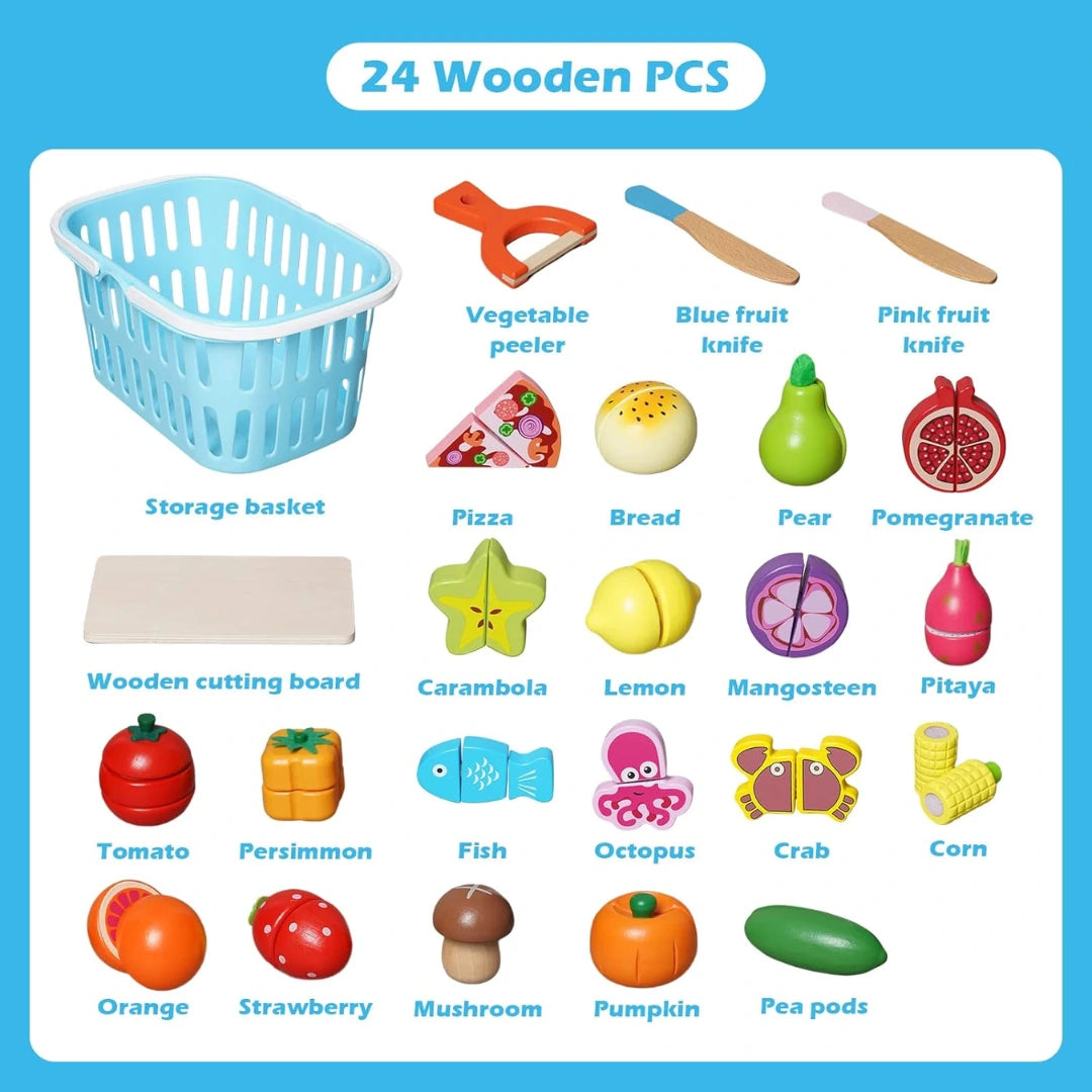 Educational Wooden Food Cutting Playset – Pretend Fruits & Veggies Toy for Kids (Ages 3–7)